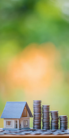 Miniature house model standing on a surface covered with coins next to stacks of coins representing real estate investment, property mortgage, and home savingsの素材