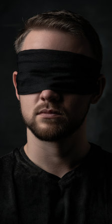 Young man covering his eyes with a black blindfold, creating a powerful portrait representing concepts of censorship, injustice, ignorance, restriction, and lack of vision on a dark backgroundの素材
