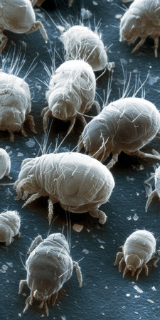 Dust mites colonizing a dark surface as viewed through a high-magnification scanning electron microscope, highlighting their microscopic texture and intricate body structuresの素材