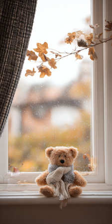 Teddy bear wearing a cozy knitted scarf sitting on a window sill, looking outside at the colorful autumn leaves during a rainy fall day, creating a warm and nostalgic atmosphereの素材