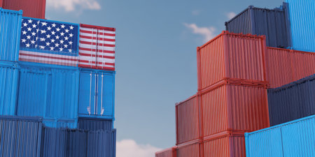 Shipping containers including one emblazoned with the united states flag are stacked against a blue sky, symbolizing international commerce, import, and export logisticsの素材