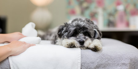 Small shih tzu dog enjoying a wellness treatment at a pet spa, lying comfortably on a massage table with a professional using a warm herbal compress on its body, providing relaxation and pamperingの素材