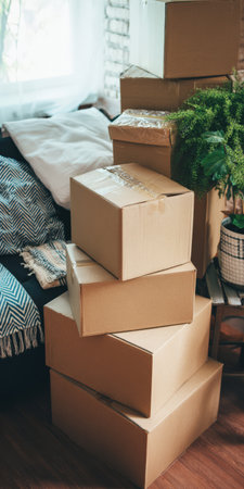 Cardboard moving boxes stacked on a wooden floor in a casually furnished room, representing the process of relocation, packing, and preparing for a new home or officeの素材