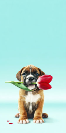 Little boxer puppy bringing a vibrant red tulip flower as a delightful gift, conveying themes of love, affection, and springtime greetings on a soft blue backgroundの素材