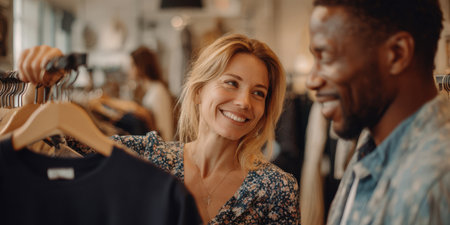 Smiling woman helps her partner pick clothing in a casual boutique, sharing a cheerful, close connection while shopping and choosing outfits together during a relaxed date-like momentの素材