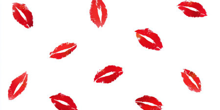 Red lipstick kiss marks creating a vibrant seamless pattern on a clean white background, symbolizing love, passion, romance, and beauty for various design needsの素材