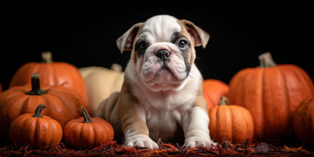 Bulldog puppy is sitting on a bed of fall leaves, surrounded by various sizes of orange pumpkins and gourds with a dark background, embodying the autumn seasonの素材