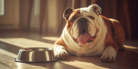 English bulldog lying on wooden floor next to a full metal food bowl, its tongue out, appearing content and relaxed in the warm sunlight filtering indoorsの素材