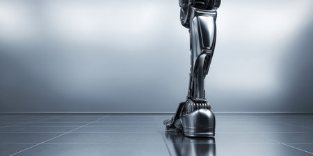 Robot cyborg leg made of polished metal and chrome standing on a futuristic tiled floor, symbolizing artificial intelligence, future technology, and advanced roboticsの素材