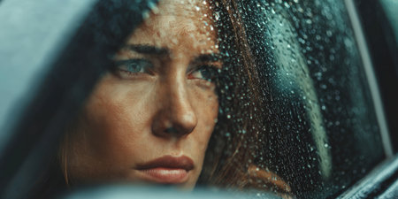 Woman feeling sad and frustrated while looking through a car window covered in raindrops, reflecting on profound thoughts during a melancholy and lonely momentの素材