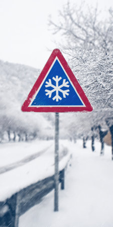 Road sign warning about freezing weather and slippery road conditions during snowfall, symbolizing winter hazards and the need for caution on cold, icy roadsの素材