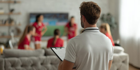 Soccer coach holding a clipboard, standing with his back to the viewer, watching a women's team reviewing game strategy and tactics in a modern living room settingの素材