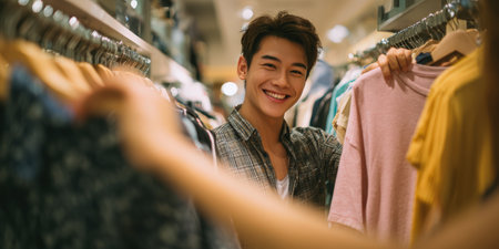 Young asian man smiling as he browses shirts on hangers in a modern boutique, enjoying a positive shopping experience while choosing new casual clothing and accessoriesの素材