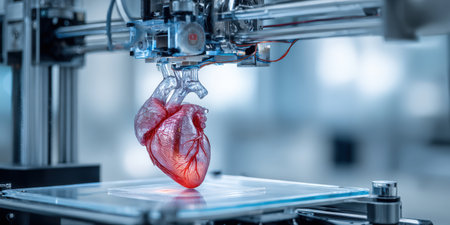 Bioprinting technology produces a detailed 3d human heart model in a laboratory setting, showcasing advanced medical innovation, regenerative medicine and future transplant researchの素材