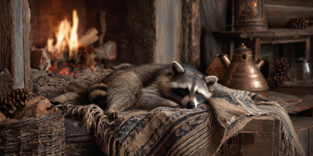 Raccoon sleeping peacefully on a patterned blanket, finding warmth and comfort by the crackling fireplace in a cozy, rustic cabin interior, creating a scene of relaxation and wild natureの素材