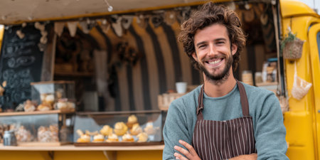Young man wearing apron and smiling confidently while standing with arms crossed in front of his yellow street food truck, representing small business ownership and successの素材