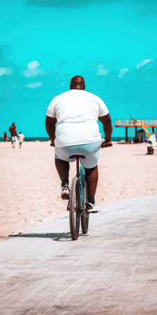 Man cycling along a concrete path beside a sandy beach under a bright blue sky on a sunny summer day, pedaling toward the horizon for leisure and healthの素材