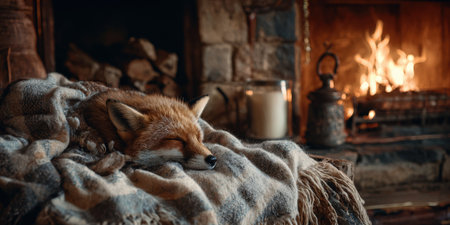 Fox sleeping curled up and cozy on a warm plaid blanket, resting by a glowing fireplace, creating a feeling of domestic tranquility and comfortable warmth during a chilly winterの素材