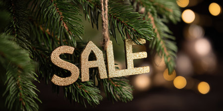 Golden glitter sale ornament hanging on a fresh green pine tree branch, creating a festive holiday shopping concept with warm glowing bokeh lights in the dark backgroundの素材