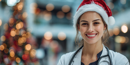 Young female healthcare worker wearing a santa hat and stethoscope, smiling warmly while standing in a hospital during the festive christmas holiday seasonの素材