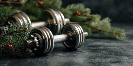Chromed dumbbells lying on a dark background adorned with green fir branches and red berries, symbolizing winter health, holiday exercise, and new year's resolutions for physical well-beingの素材