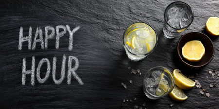 Chalk writing happy hour on a dark slate background, featuring several glasses of gin and tonic with ice and lemon slices, alongside fresh lemons and saltの素材