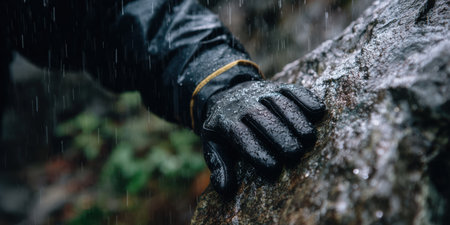 Person's gloved hand firmly gripping wet rock while climbing or hiking outdoors, showcasing resilience and determination in challenging weather conditions and an adventurous spiritの素材