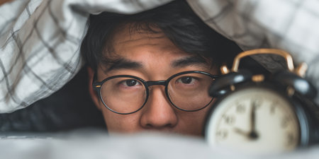 Young man in glasses peeking from under a blanket with wide, tired eyes beside an alarm clock, conveying insomnia, morning exhaustion and difficulty waking upの素材