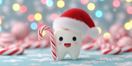 Happy cartoon tooth mascot celebrating winter dental holidays, standing beside a striped candy cane on a snowflake covered surface, surrounded by blurred christmas lights and peppermint candiesの素材