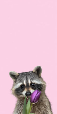 Raccoon holding a purple tulip in its paws, looking directly at the viewer with an innocent expression, presented as a charming full-frame portrait against a soft pink backgroundの素材