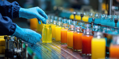 Factory worker in blue gloves inspects juice bottles on a conveyor belt, checking fill levels and labels for quality control in a clean beverage manufacturing plantの素材