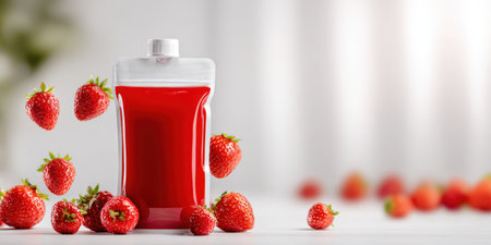 Red strawberry juice fills a modern flexible pouch packaging, surrounded by fresh, vibrant strawberries falling and resting on a clean white surface with copy spaceの素材