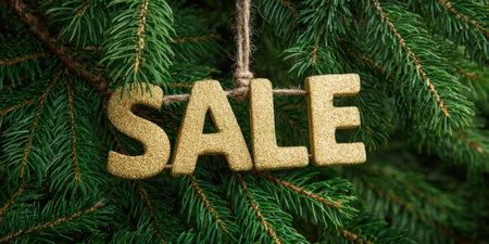 Golden glittering sale text hanging by a rustic string on the fresh green needles of a festive christmas tree, symbolizing holiday discounts and seasonal promotionsの素材