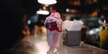 Strawberry milkshake sundae served in a tall glass, overflowing with whipped cream, strawberry syrup, and a maraschino cherry on a retro diner counter under warm lightingの素材