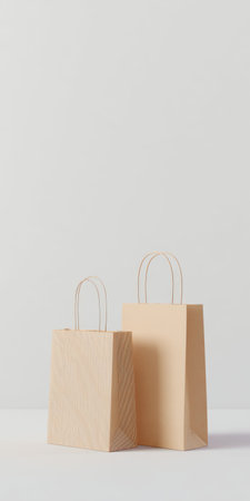 Two beige kraft paper shopping bags with rope handles standing on a soft white background, minimalist retail packaging mockup offering clean copy space for branding and merchandising ideasの素材