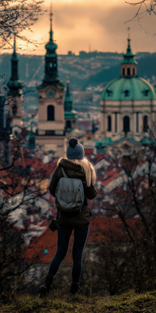 Young woman standing on a hill, wearing a beanie and backpack, overlooking the historic rooftops and church spires of prague at golden hour, contemplating the cityscapeの素材