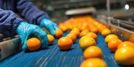 Worker hands in blue protective gloves inspect and sort fresh oranges on a blue conveyor belt in a clean fruit processing and packaging plant, ensuring quality controlの素材