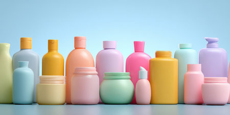 Assortment of pastel color cosmetic skincare product bottles and jars featuring various shapes and sizes, showcasing beauty, hygiene, and personal care concepts against a light blue backgroundの素材