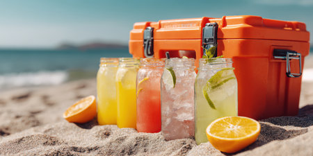 Variety of refreshing citrus beverages in mason jars arranged in front of an orange cooler, ready for a sunny picnic at the seaside, highlighting relaxation and travel conceptsの素材