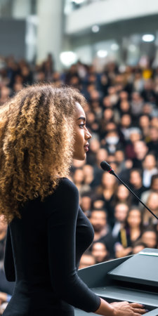 Woman speaker standing behind a podium with a microphone, addressing a large audience during a business conference, delivering an engaging speech at a professional eventの素材