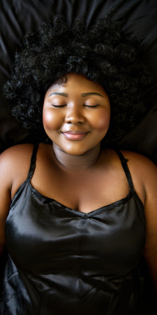 African american woman lying on her back in a black camisole, experiencing comfort and peace with a serene facial expression and closed eyes against a dark backgroundの素材