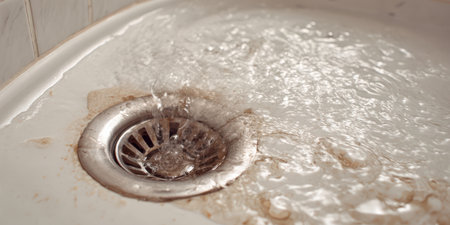 Water streams down into a dirty, rusty shower drain, highlighting issues of plumbing maintenance, hygiene, and the need for cleaning in a bathroom environmentの素材