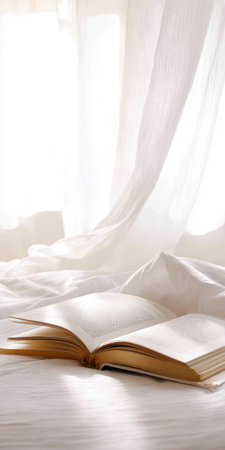 Open book resting on a white bed with soft drapery in the background, showing gentle sunlight creating a serene and peaceful atmosphere for morning readingの素材