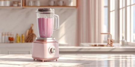 Pink retro-style blender standing on a white marble kitchen counter, preparing a healthy strawberry fruit smoothie, with sun rays highlighting the modern kitchen interiorの素材