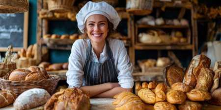 Happy young woman baker wearing a chef's hat and apron, smiling at the camera while standing behind a counter of freshly baked artisanal bread in her small business bakeryの素材