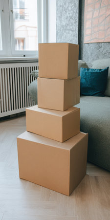 Cardboard moving boxes stacked on light wooden flooring next to a grey sofa, representing relocation, delivery, organizing, and unpacking possessions in a new apartment settingの素材