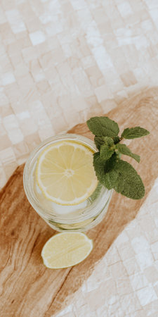Clear glass of cold water with lemon slice and fresh mint leaves, offering a perfect refreshing beverage for summer hydration on a textured light backgroundの素材