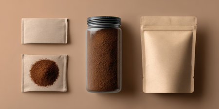 Ground instant coffee demonstrating various packaging options including a transparent glass jar, a resealable stand-up kraft paper pouch, and sealed and open flat sachets on a neutral backgroundの素材