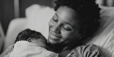New mother holding her sleeping newborn in a hospital bed, black-and-white portrait capturing tender bonding, quiet joy, protection and intimate first moments of motherhoodの素材