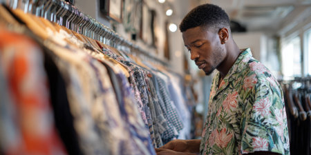 Young black man browsing through men's shirts on a clothing rack in a boutique, evaluating fabric and patterns for potential purchase during a shopping experienceの素材